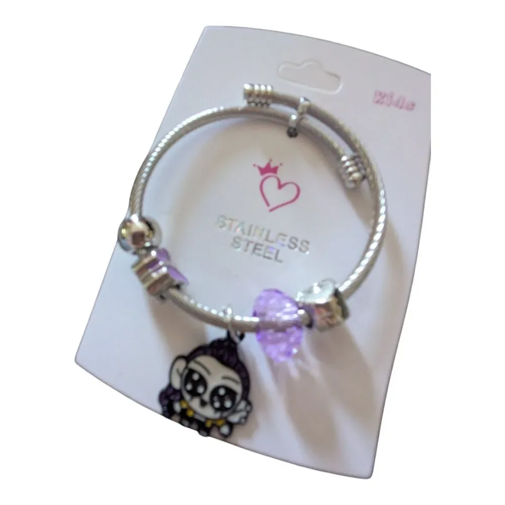 Kids Stainless Steel Charm Bracelet Purple Beads Pandora Style New